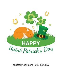 Happy Saint Patrick's Day card with clover leaves, cute slipping red fox and leprechaun hat. Traditional irish holiday concept. Flat design vector illustration