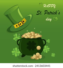 Happy Saint Patricks Day card design with clever leaves, old and hat. Irish celebration brochure. Beer festival lettering typography flyer. Hand Drawn typography St. Patricks badge on green background