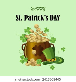 Happy Saint Patricks Day card design with clever leaves, old and hat. Irish celebration brochure. Beer festival lettering typography flyer. Hand Drawn typography St. Patricks badge