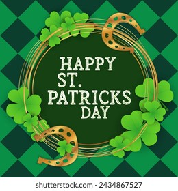 happy Saint Patrick's Day card poster, party invitation template, background, wallpaper, banner, template, web. green clover, golden horseshoe for good luck