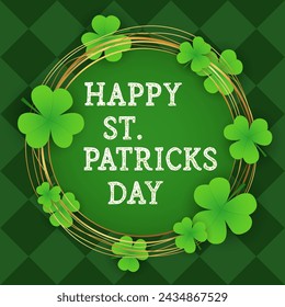 happy Saint Patrick's Day card poster, party invitation template, background, wallpaper, banner, template, web. green clover, golden horseshoe for good luck