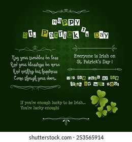 Happy Saint Patrick's Day Card with green clover leafs and Irish blessings. Vector illustration EPS 10