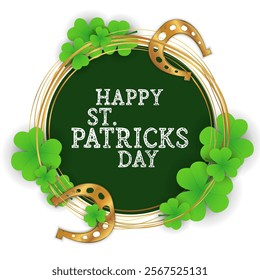  Happy Saint Patrick's Day card poster, party invitation template, background, wallpaper, banner, template, web. Leprechaun hat, golden horseshoe for good luck and clover	