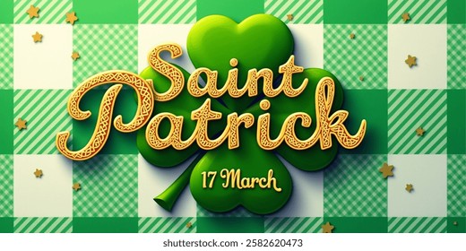 Happy Saint Patrick`s day card with shamrock clover on green gingham background. Vector St Patrick lettering Saint Patrick festival day on 17 March. Irich holiday greeting card vector illustration