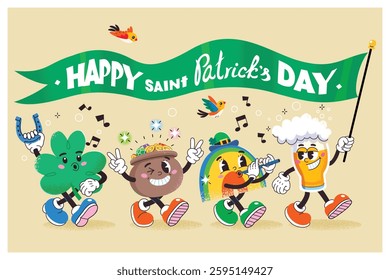 Happy saint Patrick's day card. Cartoon characters with lucky charms singing and walking. Irish holiday parade.
