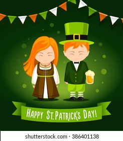 Happy Saint Patricks Day. Card Design. Vector illustration. A girl and a boy with a glass of beer on a green background.