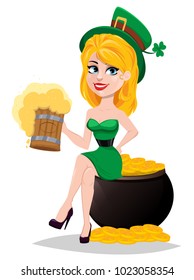 Happy Saint Patrick's Day. Cartoon character woman with green hat. Cute lady in leprechaun costume sitting on pot with gold and holding a pint of beer. Vector illustration