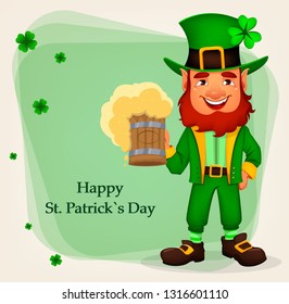 Happy Saint Patrick's Day. Cartoon character with green hat. Funny leprechaun holding mug of beer. Vector illustration