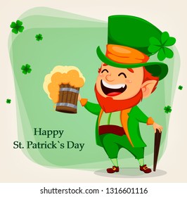 Happy Saint Patrick's Day. Cartoon character with green hat. Funny leprechaun holding beer and walking cane. Vector illustration