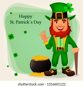 Happy Saint Patrick's Day. Cartoon character with green hat. Funny leprechaun waving hand and standing near pot of gold. Vector illustration