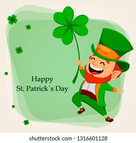 Happy Saint Patrick's Day. Cartoon character with green hat. Funny leprechaun holding clover. Vector illustration 