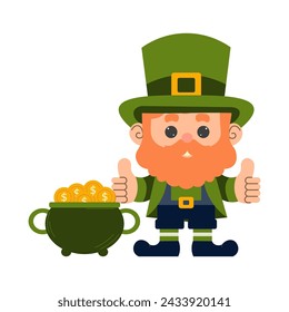 Happy Saint Patrick's Day. cartoon funny leprechaun with pot of gold. Flat Vector illustration