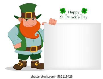 Happy Saint Patrick's Day. Cartoon happy leprechaun standing near big blank sign. Character with green hat and red beard and four leaf clover. Patrick's Day vector. Usable for sale, invitation, banner