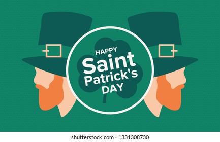 Happy Saint Patrick`s Day. Catholic christian feast of Saint Patrick in Ireland. An annual cultural and religious holiday, celebrated on March 17th. Shamrock and green elements. Poster or background