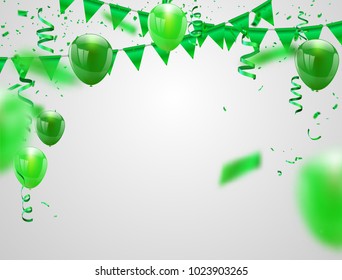 Happy Saint Patrick's Day, Celebration party banner with Green balloons isolated on white background. confetti and ribbons. Vector illustration