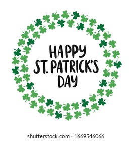 Feliz Día de San Patricio, texto de celebración. Letrado vectorial a mano con correa de trébol. Festival de cerveza irlandés. Elemento de diseño para logotipo, invitación, placa, tarjeta, banner, volante, tipografía afiche. 