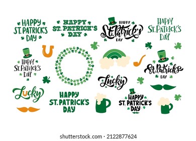 Happy Saint Patrick's day celebration lettering quote with shamrock. Hand-drawn Irish beer festival poster. Design for flyer, card, holiday banner, mug, t-shirt.