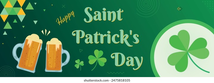 Happy Saint Patrick's Day celebration banner, Irish festival, lettering typography with green shamrock and beer mug, geometric pattern design