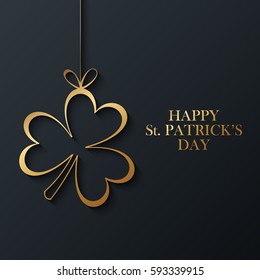 Happy Saint Patrick's Day celebration card with golden clover on black background. Vector illustration.