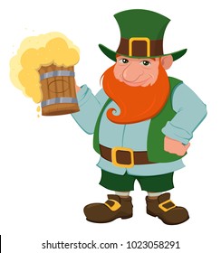Happy Saint Patrick's Day. Character with green hat and red beard. Cartoon happy leprechaun holding a pint of fresh beer. Vector illustration