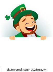 Happy Saint Patrick's Day. Character with green hat. Cartoon funny leprechaun standing behind blank placard. Vector illustration