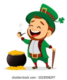 Happy Saint Patrick's Day. Character with green hat. Cartoon funny leprechaun with smoking pipe and cane standing near pot of gold. Vector illustration