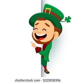 Happy Saint Patrick's Day. Character with green hat. Cartoon funny leprechaun showing on blank placard. Vector illustration