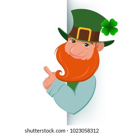 Happy Saint Patrick's Day. Character with green hat and red beard and four leaf clover. Cartoon happy leprechaun showing on blank banner. Vector illustration