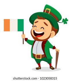 Happy Saint Patrick's Day. Character with green hat. Cartoon funny leprechaun with Irish flag and cane. Vector illustration