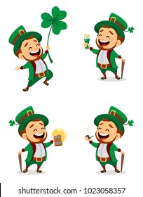 Happy Saint Patrick's Day. Character with green hat. Set of cartoon funny leprechaun with clover, beer, ale and smoking pipe. Vector illustration on white background