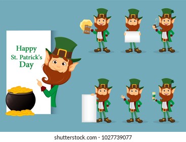 Happy Saint Patrick's Day. Character with green hat. Set of cartoon funny leprechaun. Vector illustration 