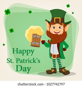 Happy Saint Patrick's Day. Character with green hat. Cartoon funny leprechaun holding a pint of beer. Vector illustration on background with clovers