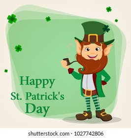 Happy Saint Patrick's Day. Character with green hat. Cartoon funny leprechaun holding smoking pipe. Vector illustration on background with clovers