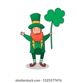 Happy Saint Patrick's Day. Character with green hat. Cartoon funny leprechaun with clover.