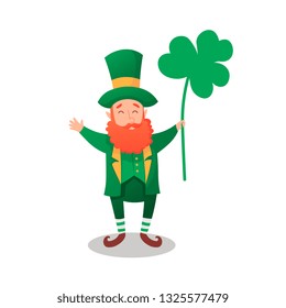 Happy Saint Patrick's Day. Character with green hat. Cartoon funny leprechaun with clover.
