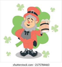 Happy Saint Patrick's Day. Character with green hat. Cartoon funny leprechaun with clover. Vector illustration. Leprechaun lying down cartoon. Vector clip art illustration with simple gradients.