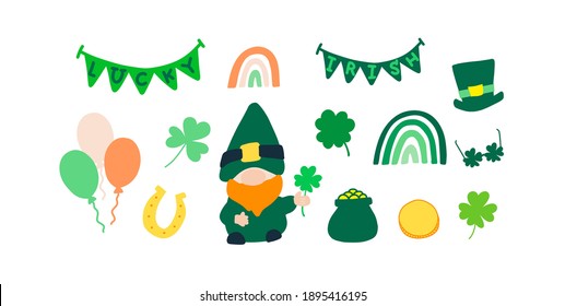 Happy Saint Patricks day clipart. Gnome, shamrock cloverleaf, leprechaun hat, green rainbow, pot of gold, horseshoe, garland, balloon, gold coin. Festive greeting card design element.