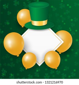 Happy Saint Patrick's day with clover shamrock leaves, gold 3d balloons, hat on green background. Vector illustration for greeting card, sale banner, template, layout, wallpaper, poster, offer, shop.