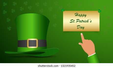 Happy  Saint Patrick's day with clover shamrock leaves, ribbon and hat. Design print greetings card, sale banner, poster. Vector illustration
