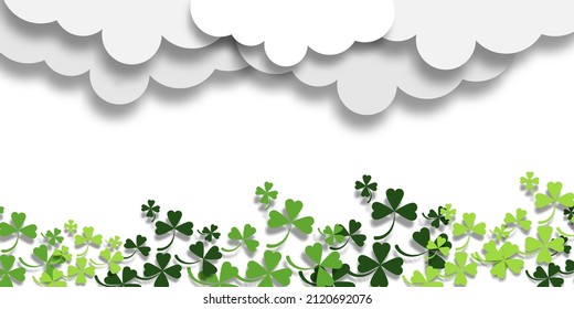 Happy Saint Patrick's day with clover leave or green shamrock and white cloud on white background for banner, logo website, and card. Irish celebration and festival. Paper cut style.