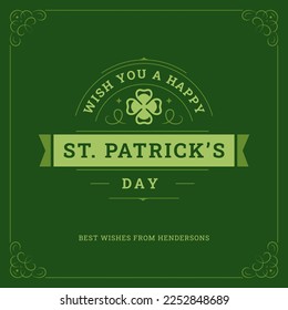 Happy Saint Patrick's Day clover ribbon classic vintage greeting card typography vector flat illustration. Irish traditional holiday lucky fortune leaf curved antique frame green retro decor design