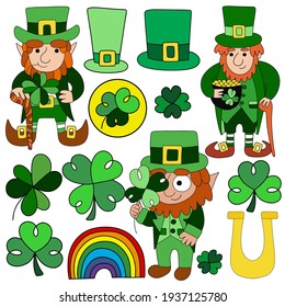 Happy Saint Patrick's Day colorful set white isolated stock vector illustration. Cartoon leprechauns, clovers, shamrocks and more elements square sticker pack. Traditional irish holiday's symbols set 