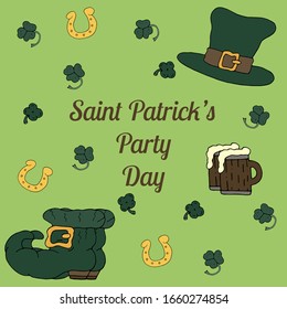Happy Saint Patrick's day. Congratulations and invitation to the party on March 17th. Green leprechaun hat design, good luck horseshoe, beer, clover.