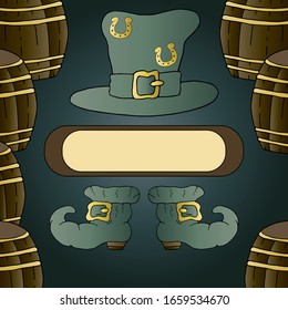 Happy Saint Patrick's day. Cool poster for text by March 17th. Template for sale or congratulations. Leprechaun hat, shoes and good luck horseshoe.