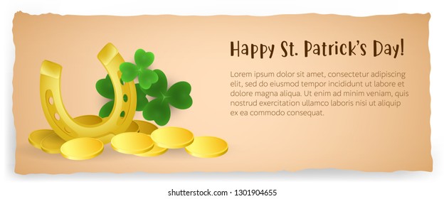 Happy Saint Patricks Day creative poster design. Inscription with horseshoe, coins and clover leaf on beige background. Can be used for postcards, invitations