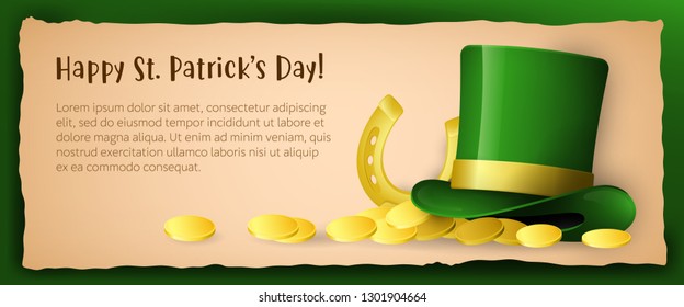 Happy Saint Patricks Day creative greeting card. Inscription with sample text, cylinder hat, horseshoe and coins on beige background. Can be used for postcards, invitations
