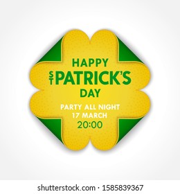 Happy Saint Patrick's Day. Creative 3D paper art emblem. Stylized clover from paper scrolls with folded four edges. Vector 