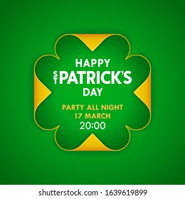 Happy Saint Patrick's Day. Creative 3D paper art emblem. Stylized clover from paper scrolls with folded four edges. Vector 