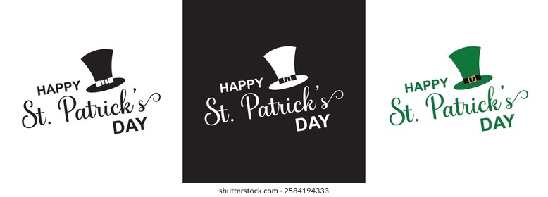 Happy Saint Patrick's Day Cursive Calligraphy Black, white green  Color Text .Can be used as greeting card design. isolated on white and black background. 