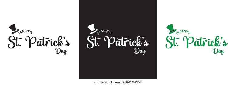 Happy Saint Patrick's Day Cursive Calligraphy Black, white green  Color Text .Can be used as greeting card design. isolated on white and black background. 